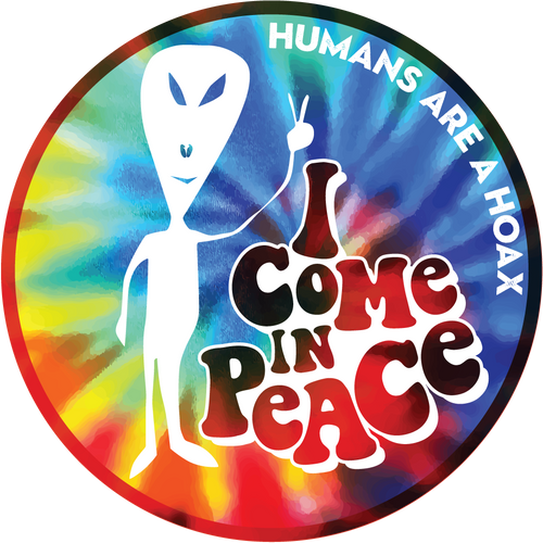 Alien holding up the peace sign with phrase 