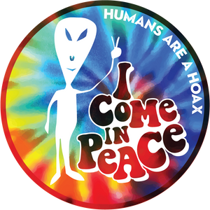 Alien holding up the peace sign with phrase "I come in Peace"