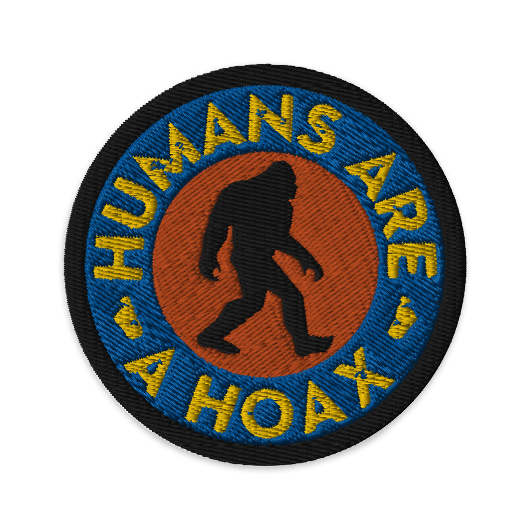 Bigfoot patch with text Humans Are A Hoax