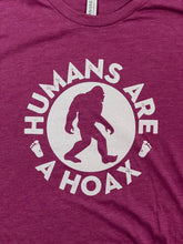 Load image into Gallery viewer, Magenta bigfoot Humans Are A Hoax shirt
