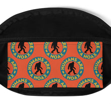 Load image into Gallery viewer, Fanny pack featuring bigfoot humans are a hoax imprint
